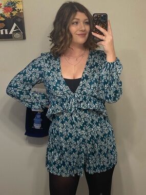 Topshop Dark Green Floral V-Neck Romper